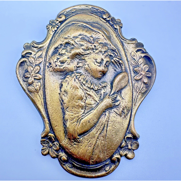 Vintage Victorian Style Bronze Gilt Young Girl Art Nouveau Brooch, 2.75" tall - Picture 1 of 7